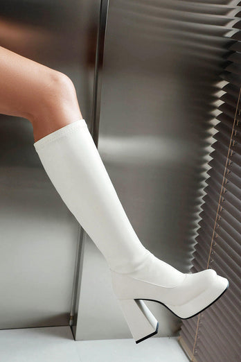White Go Go Square Toe Knee High Chunky Platform Heel Boots