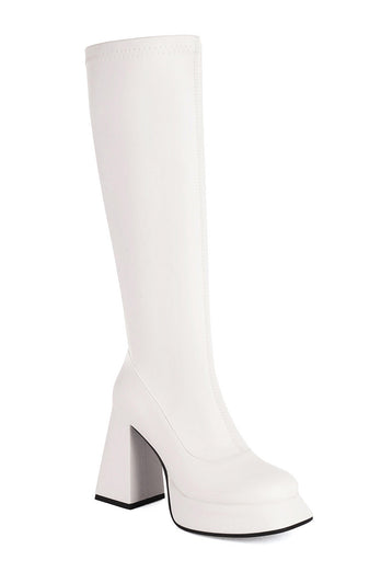 White Go Go Square Toe Knee High Chunky Platform Heel Boots