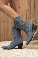 Load image into Gallery viewer, Dark Blue Wide Calf Chunky Heel Embroidered Western Cowgirl Boots