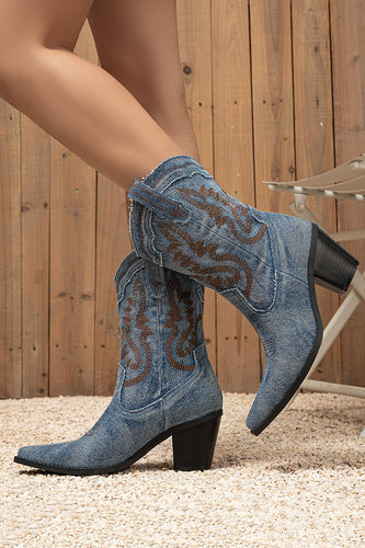 Dark Blue Wide Calf Chunky Heel Embroidered Western Cowgirl Boots