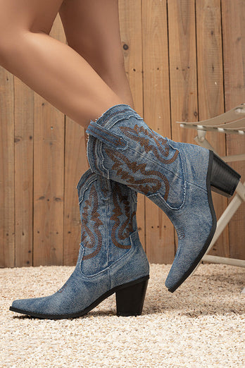 Dark Blue Wide Calf Chunky Heel Embroidered Western Cowgirl Boots