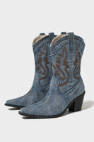 Load image into Gallery viewer, Dark Blue Wide Calf Chunky Heel Embroidered Western Cowgirl Boots