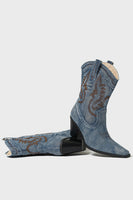Load image into Gallery viewer, Dark Blue Wide Calf Chunky Heel Embroidered Western Cowgirl Boots