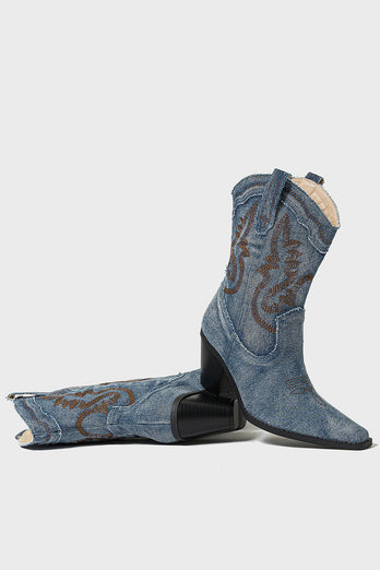 Dark Blue Wide Calf Chunky Heel Embroidered Western Cowgirl Boots