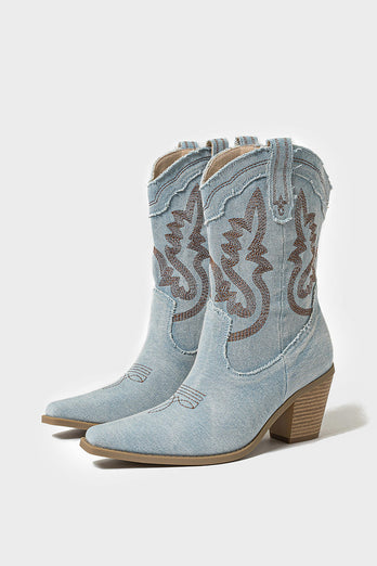 Dark Blue Wide Calf Chunky Heel Embroidered Western Cowgirl Boots