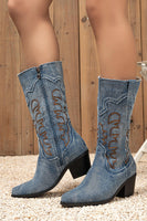 Load image into Gallery viewer, Dark Blue Mid Calf Chunky Heel Embroidered Cowgirl Boots