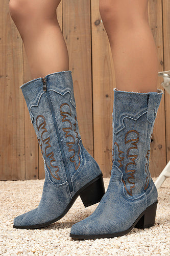 Dark Blue Mid Calf Chunky Heel Embroidered Cowgirl Boots