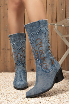 Dark Blue Mid Calf Chunky Heel Embroidered Cowgirl Boots