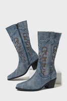 Load image into Gallery viewer, Dark Blue Mid Calf Chunky Heel Embroidered Cowgirl Boots