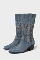 Load image into Gallery viewer, Dark Blue Mid Calf Chunky Heel Embroidered Cowgirl Boots