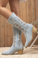 Load image into Gallery viewer, Dark Blue Mid Calf Chunky Heel Embroidered Cowgirl Boots