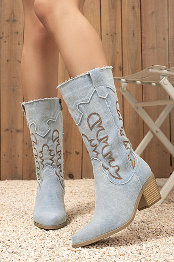 Dark Blue Mid Calf Chunky Heel Embroidered Cowgirl Boots