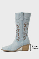Load image into Gallery viewer, Dark Blue Mid Calf Chunky Heel Embroidered Cowgirl Boots