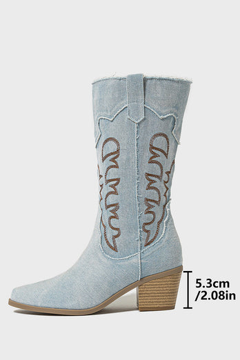 Dark Blue Mid Calf Chunky Heel Embroidered Cowgirl Boots