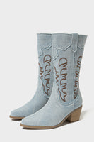 Load image into Gallery viewer, Dark Blue Mid Calf Chunky Heel Embroidered Cowgirl Boots