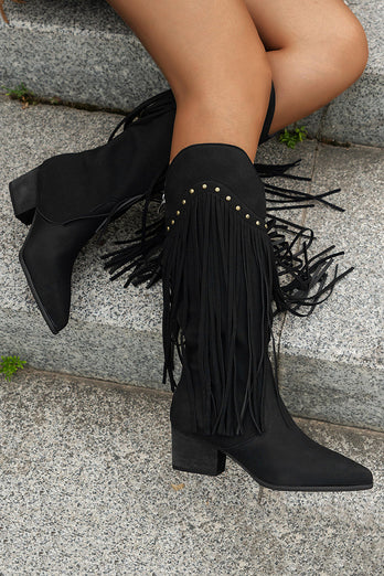 Brown Leopard Mid Calf Cowgirl Chunky Heel Boots with Fringes