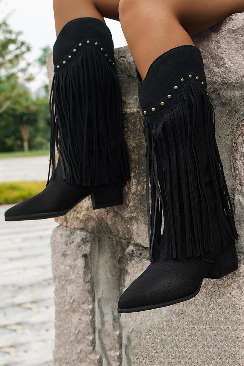 Load image into Gallery viewer, Brown Leopard Mid Calf Cowgirl Chunky Heel Boots with Fringes