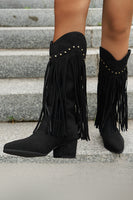Load image into Gallery viewer, Brown Leopard Mid Calf Cowgirl Chunky Heel Boots with Fringes