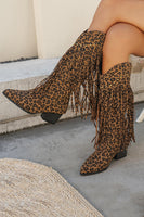 Load image into Gallery viewer, Brown Leopard Mid Calf Cowgirl Chunky Heel Boots with Fringes