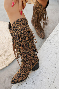 Brown Leopard Mid Calf Cowgirl Chunky Heel Boots with Fringes