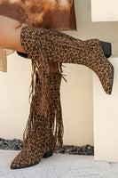 Load image into Gallery viewer, Brown Leopard Mid Calf Cowgirl Chunky Heel Boots with Fringes
