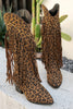 Load image into Gallery viewer, Brown Leopard Mid Calf Cowgirl Chunky Heel Boots with Fringes