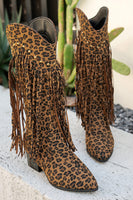 Load image into Gallery viewer, Brown Leopard Mid Calf Cowgirl Chunky Heel Boots with Fringes