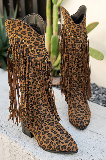 Brown Leopard Mid Calf Cowgirl Chunky Heel Boots with Fringes