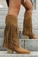 Load image into Gallery viewer, Brown Leopard Mid Calf Cowgirl Chunky Heel Boots with Fringes