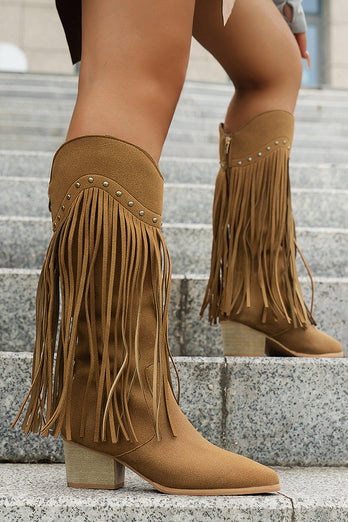 Brown Leopard Mid Calf Cowgirl Chunky Heel Boots with Fringes