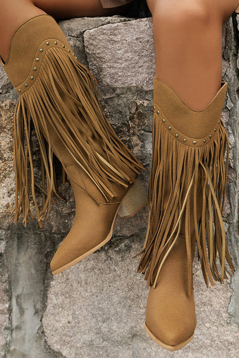 Brown Leopard Mid Calf Cowgirl Chunky Heel Boots with Fringes