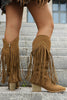Load image into Gallery viewer, Brown Leopard Mid Calf Cowgirl Chunky Heel Boots with Fringes