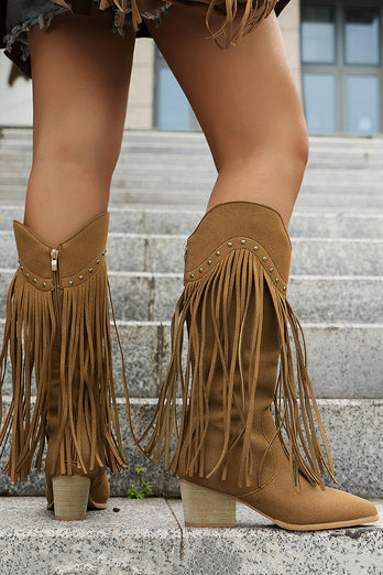 Brown Leopard Mid Calf Cowgirl Chunky Heel Boots with Fringes