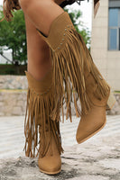 Load image into Gallery viewer, Brown Leopard Mid Calf Cowgirl Chunky Heel Boots with Fringes