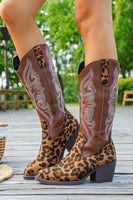 Load image into Gallery viewer, Brown Leopard Wide Calf Pointed Toe Western Cowgirl Chunky Heel Boots