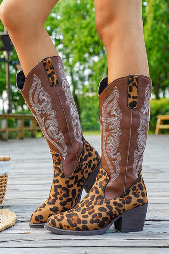 Brown Leopard Wide Calf Pointed Toe Western Cowgirl Chunky Heel Boots