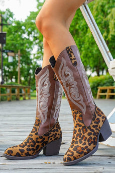 Brown Leopard Wide Calf Pointed Toe Western Cowgirl Chunky Heel Boots