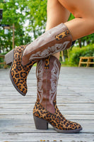 Load image into Gallery viewer, Brown Leopard Wide Calf Pointed Toe Western Cowgirl Chunky Heel Boots