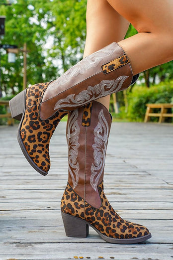 Brown Leopard Wide Calf Pointed Toe Western Cowgirl Chunky Heel Boots