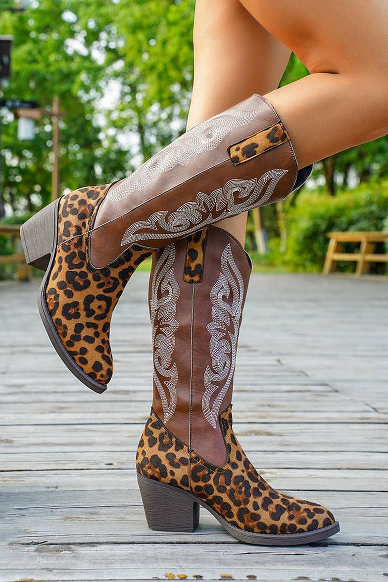 Load image into Gallery viewer, Brown Leopard Wide Calf Pointed Toe Western Cowgirl Chunky Heel Boots