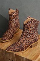 Load image into Gallery viewer, Brown Leopard Wide Calf Cowgirl Chunky Heel Pointed Toe Ankle Boots