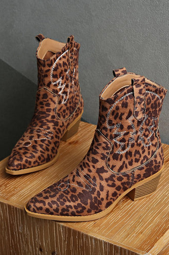 Brown Leopard Wide Calf Cowgirl Chunky Heel Pointed Toe Ankle Boots