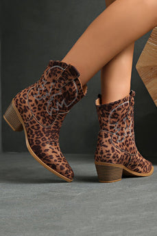Brown Leopard Wide Calf Cowgirl Chunky Heel Pointed Toe Ankle Boots