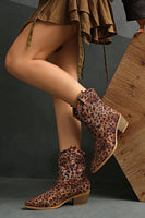 Load image into Gallery viewer, Brown Leopard Wide Calf Cowgirl Chunky Heel Pointed Toe Ankle Boots