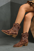 Load image into Gallery viewer, Brown Leopard Wide Calf Cowgirl Chunky Heel Pointed Toe Ankle Boots
