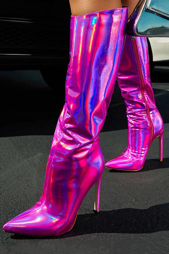 Sparkly Hot Pink Knee High Heel High Stiletto Boots