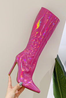 Sparkly Hot Pink Knee High Heel High Stiletto Boots