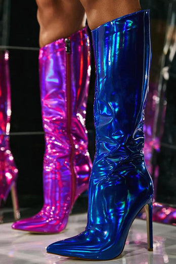Sparkly Hot Pink Knee High Heel High Stiletto Boots