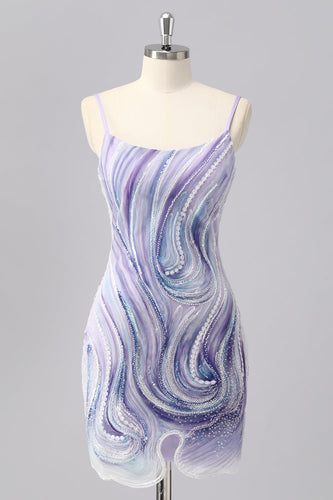 Sparkly Lilac Spaghetti Straps Tight Short Prom Dress with Beading