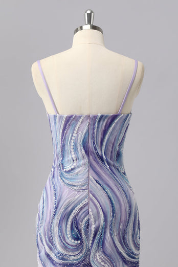 Sparkly Lilac Spaghetti Straps Tight Short Prom Dress with Beading
